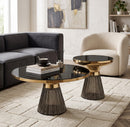 Ophelia Modern Glam Pleated Black Glass Coffee Table With Gold Iron Rim, 70 Dia cm - Aspect Furniture Store