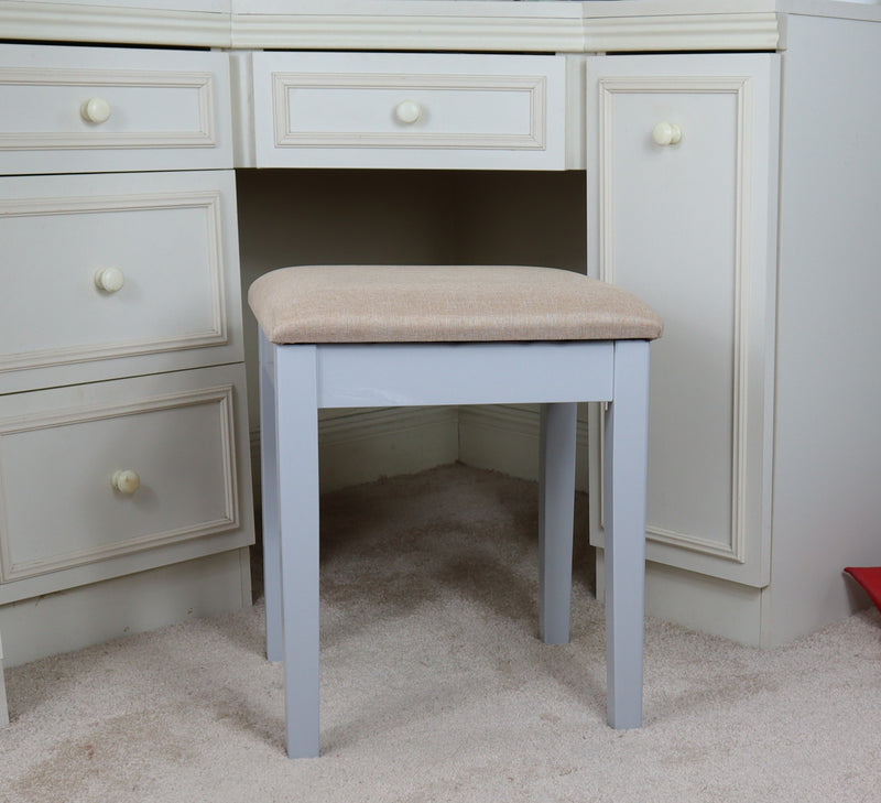 Dressing Table Stool With Padded Seat, Wood In Grey Finish, Beige Cushion