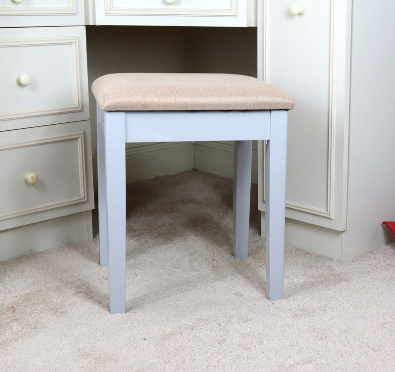 Dressing Table Stool With Padded Seat, Wood In Grey Finish, Beige Cushion