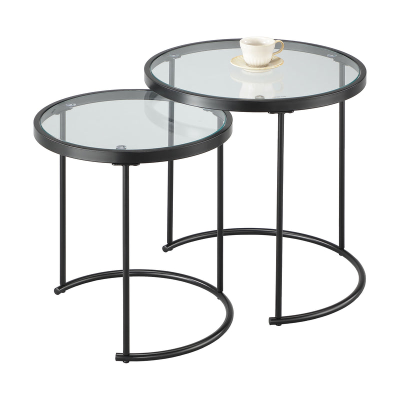 Visio Set of 2 Round Nesting Tables- Clear Glass Top/Black Frame