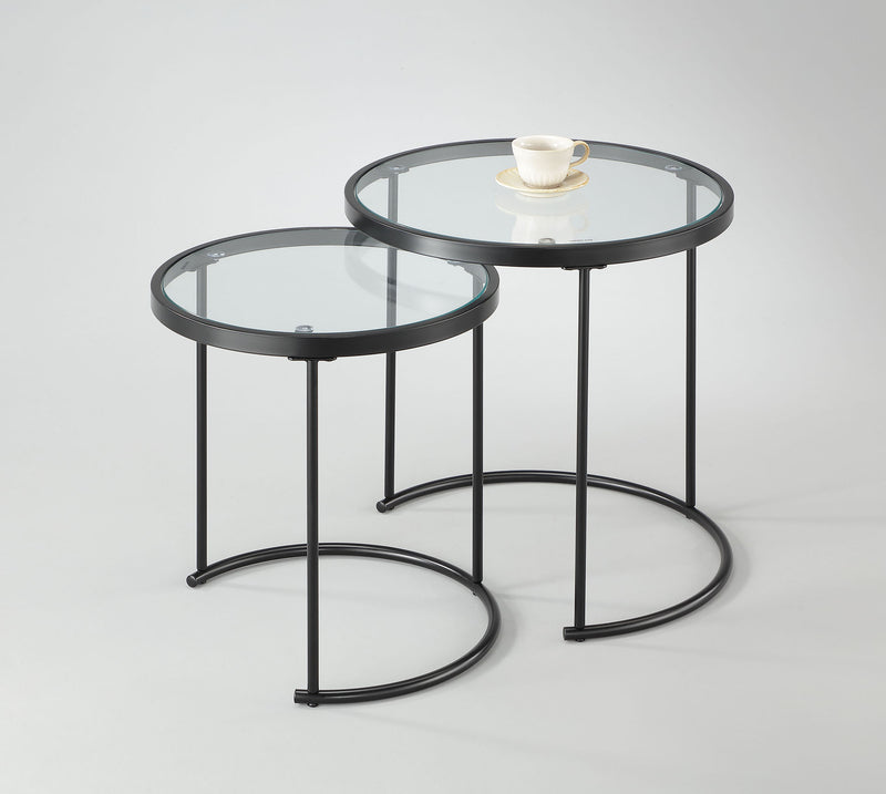 Visio Set of 2 Round Nesting Tables- Clear Glass Top/Black Frame