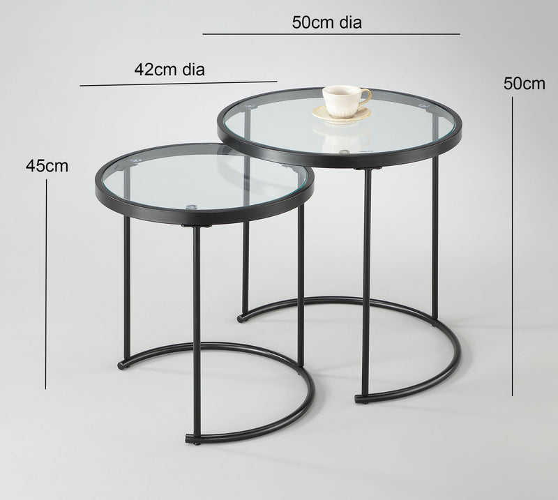 Visio Set of 2 Round Nesting Tables- Clear Glass Top/Black Frame