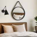 Faux Leather Strap, Round Hanging Mirror, Black