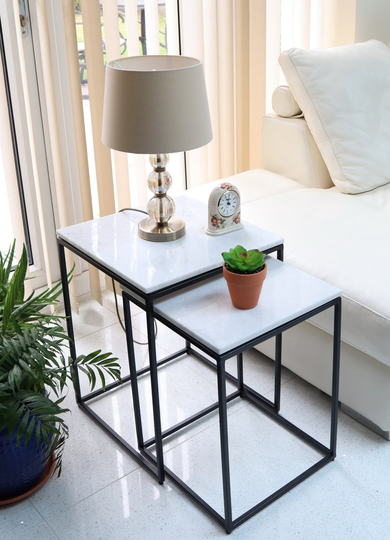 Carmel Marble Nest of Tables in White with Black Metal Bases