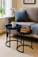 Hannah Round Metal Tray Top Nest Of 2 Tables, Grey/Blue