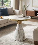 Modern Polly Pillar Side Table in White & Gold with Sintered Stone Top,Snow White/White - Aspect Furniture Store