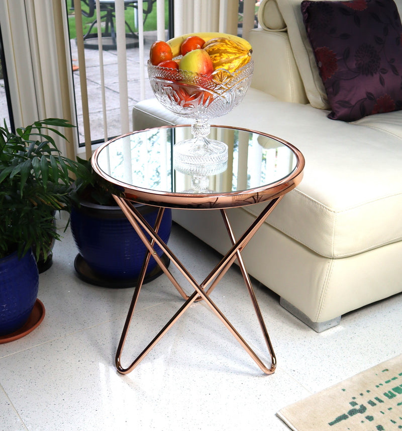 Porto Glass Round Side End Table/Coffee Table(Copper/Mirror)