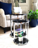 Terni Set Of 2 Tables, Glossy Black Wooden Tops and Glass Base