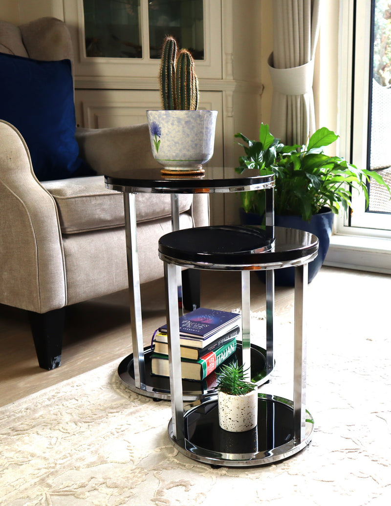 Terni Set Of 2 Tables, Glossy Black Wooden Tops and Glass Base