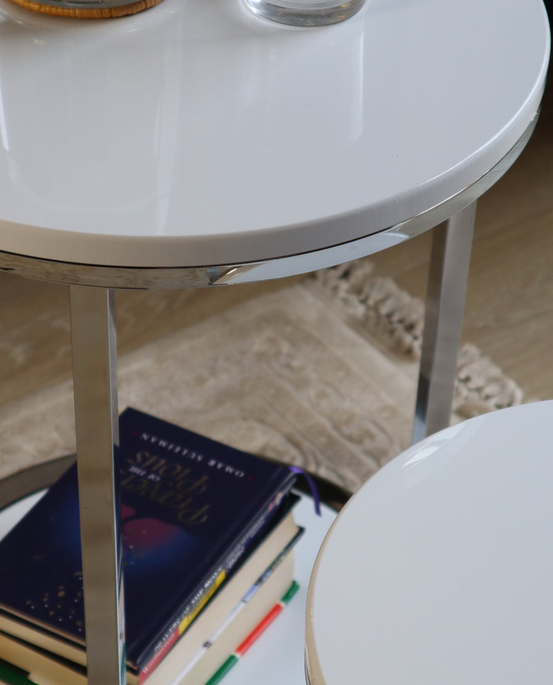 Terni Set Of 2 Tables, Glossy White Wooden Tops and Base