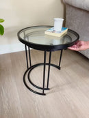 Visio Set of 2 Round Nesting Tables- Clear Glass Top/Black Frame