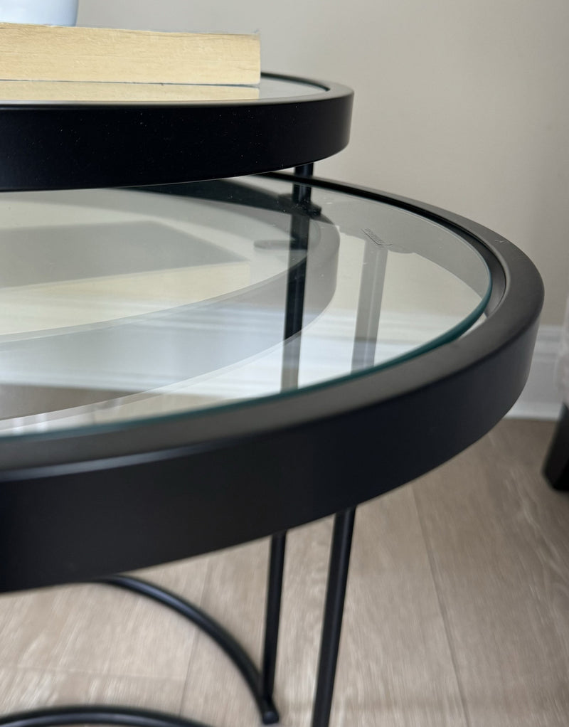 Visio Set of 2 Round Nesting Tables- Clear Glass Top/Black Frame