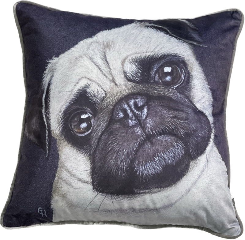 Pug Dog Print Square Cushion,Grey. 45x45cm (CSHN18)