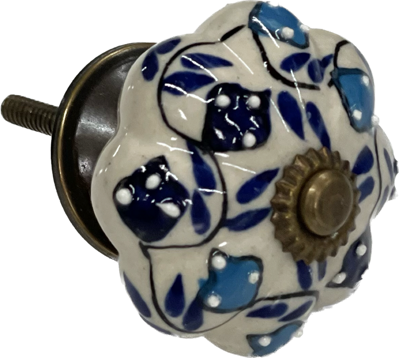 Set of 4 Hand Painted Ceramic Cabinet,Drawer Knobs/Waedrobe Pulls, Blue/White (HH5738-4)