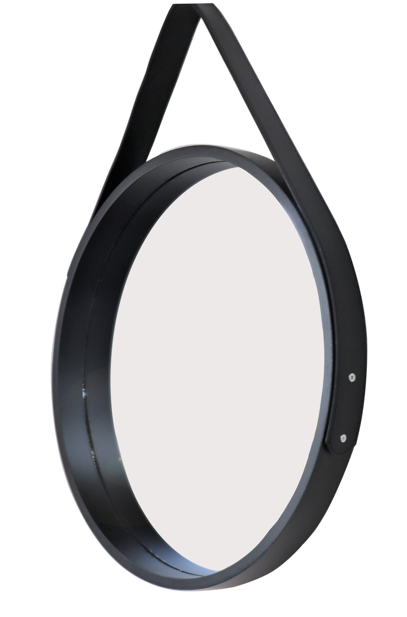 Faux Leather Strap Wooden Round Hanging Mirror, Black (6991408791715)