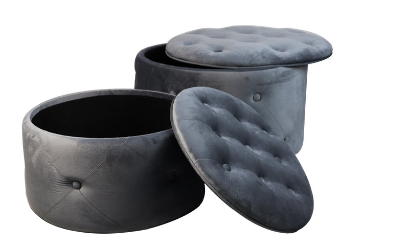 Valeria Set Of 2 Round Storage Ottomans, Dark Grey (7263805210787)