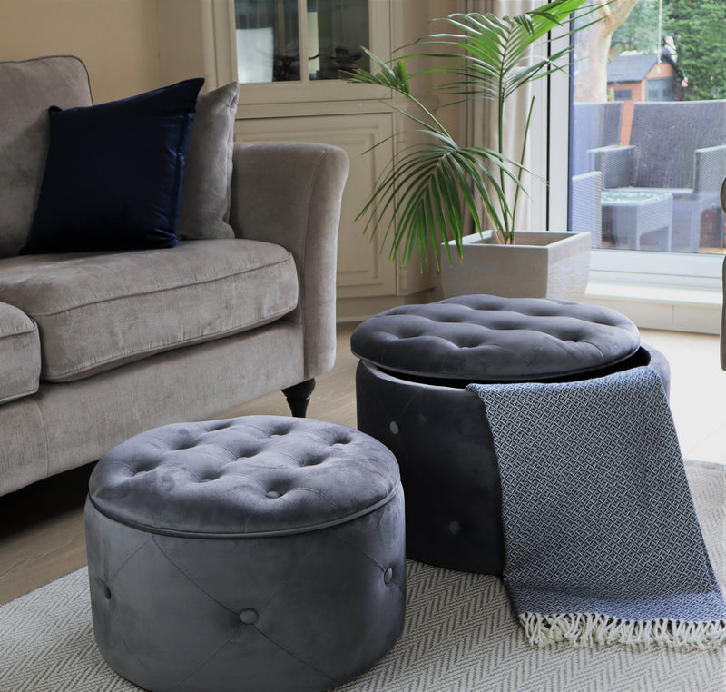 Valeria Set Of 2 Round Storage Ottomans, Dark Grey (7263805210787)