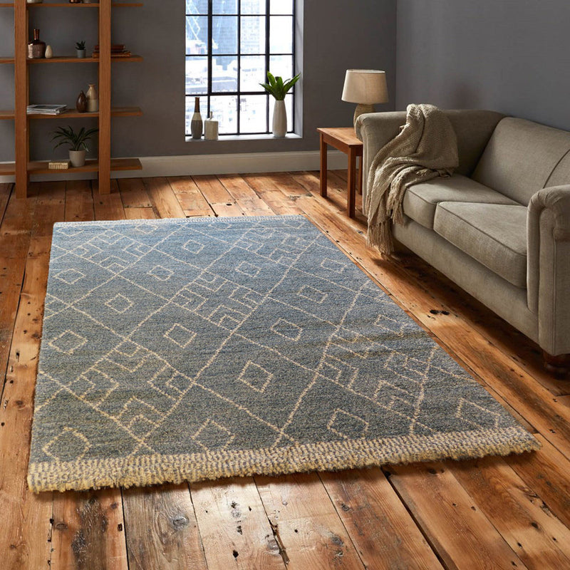 Marjan-Diamond/Rhombus Pattern Geometric Thick Soft Shaggy Rug (Blue/Ivory, 120x170xm) (6024405090467)