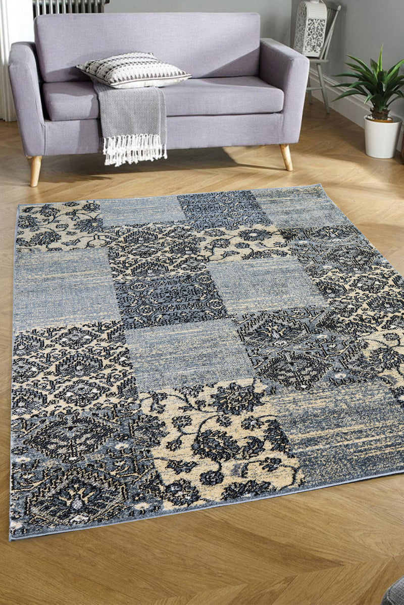 Fez Vintage Persian Style Area Rug-Blue with Black & Beige (120x170cm) (6024398602403)