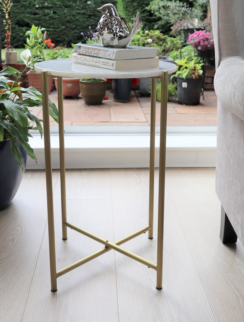 Naomi Round White Marble Side Table , Gold Legs (7153196302499)