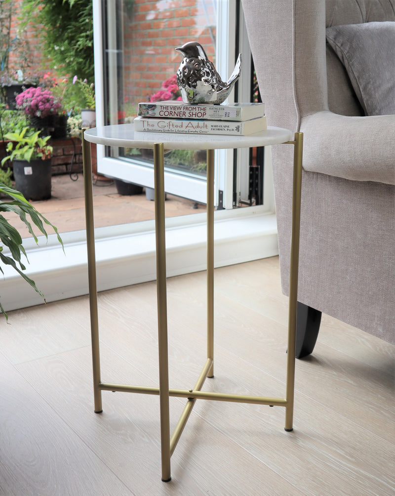 Naomi Round White Marble Side Table , Gold Legs (7153196302499)