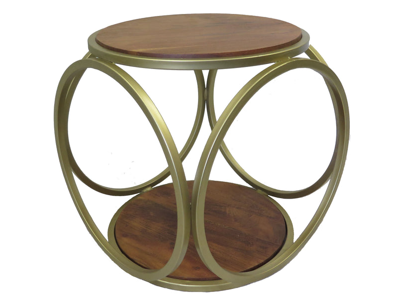 Erato Solid Acacia Wood Drum Style Side/End Table,Medium Brown/Brass (6024398012579)