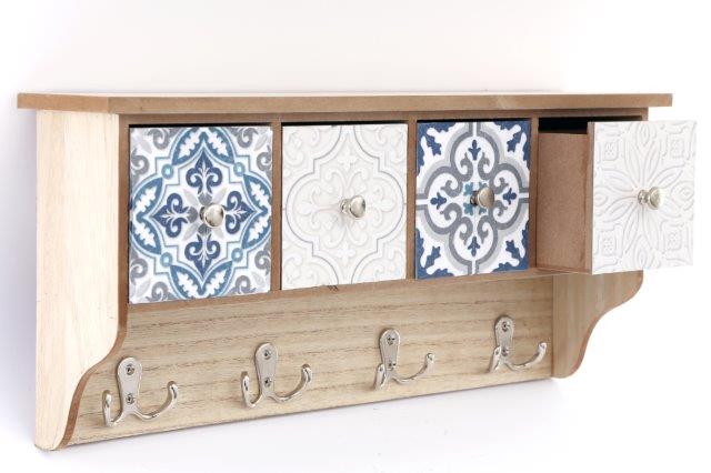 Retro Wooden Wall Shelf With 4 Drawers & Hooks(SR0090)